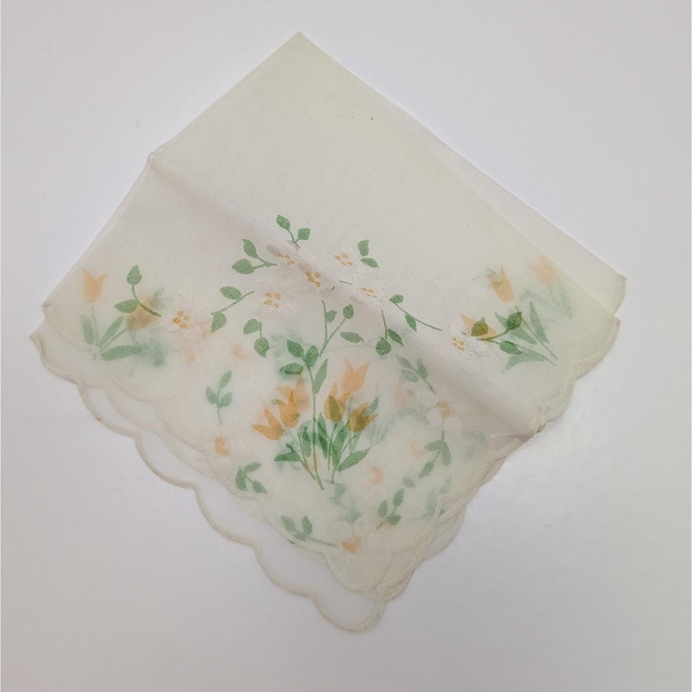 Elegant Ivory Vintage Handkerchief With Yellow Floral Trim
